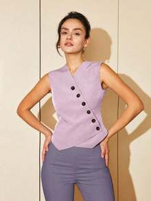 Chaleco corto de mujer de estilo casual de primavera/verano con botones diagonales, estilo de dinero viejo para negocios y ocio - Lila Púrpura - Ver 8