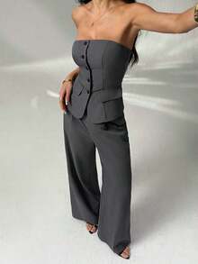 1 Conjunto de Top Camisola Ajustada de unicolor y Pantalones Elegantes para Otoño/Invierno - Gris Oscuro - Ver 3