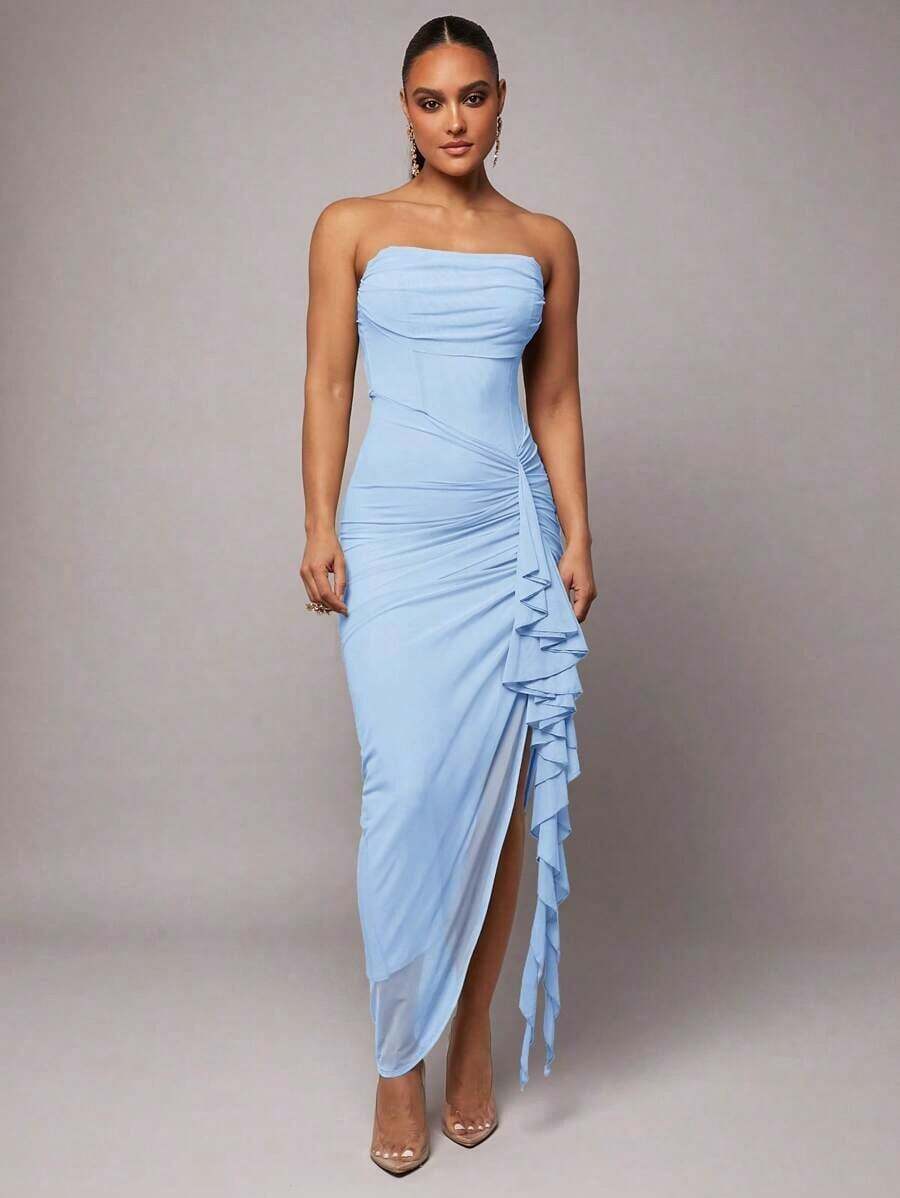 Vestido elegante de primavera y verano temprano con estampado floral verde, cuello fruncido, manga abullonada y abertura alta, también adecuado para el Día de San Valentín, citas, ocasiones románticas;talla grande vestido ajustado de encaje para mujeres, vestido para el Día de San Valentín, vestido de fiesta, vestido para citas románticas, vestido de dama de honor, vestido de noche, vestido para el trabajo, vestido de cumpleaños, vestido de noche elegante para mujeres, vestidos elegantes para mujeres, vestidos para mujeres, vestidos de fiesta para mujeres, vestidos formales para mujeres, vestidos de verano para mujeres - Celeste - Ver 1