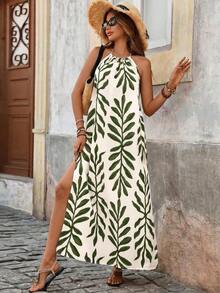 Vestido con estampado, corte con abertura alta, espalda descubierta, atar al cuello y flecos para mujer, vacaciones - Multicolor 3 - Ver 2