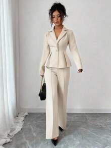 Traje elegante que afina la cintura, pantalones acampanados y estilizadores para uso diario, adecuado para vacaciones, citas, Día de la Independencia, atuendo de maestra - Albaricoque - Ver 6
