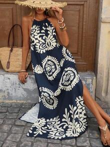 Vestido con estampado, corte con abertura alta, espalda descubierta, atar al cuello y flecos para mujer, vacaciones - Azul marino - Ver 7