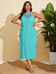 Vestido tapa playa para talla grande de mujer de unicolor, de cuello halter, tejido a crochet, con diseño calado y ajustado - Celeste - Ver 6
