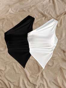 2 piezas de blusas de verano para mujer con dobladillo asimétrico y tirantes, color negro y rojo, adecuado para el verano - Multicolor 4 - Ver 6
