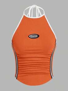 Top de tirantes casual con cuello de halter y pliegues con estampado de letras para mujer - Naranja - Ver 1