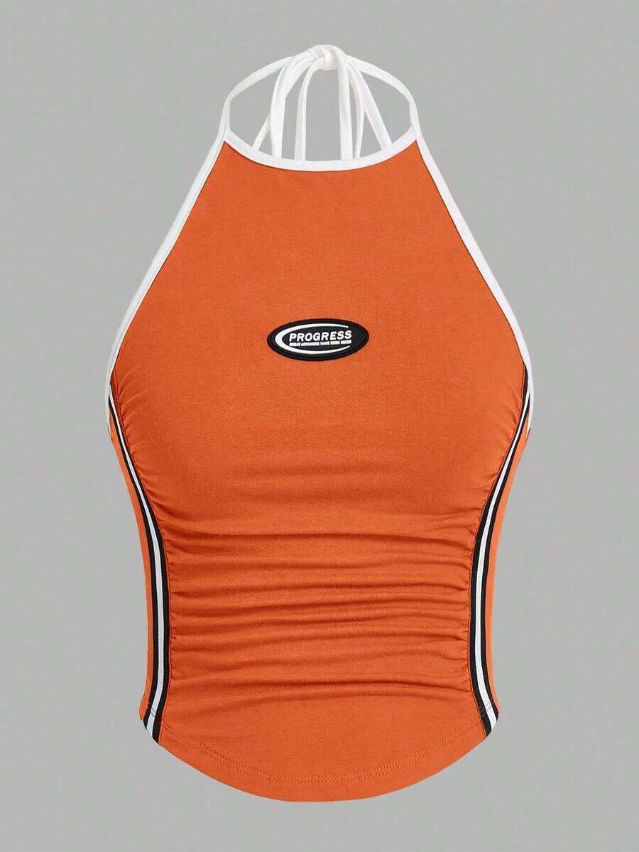 Top de tirantes casual con cuello de halter y pliegues con estampado de letras para mujer - Naranja - Ver 1