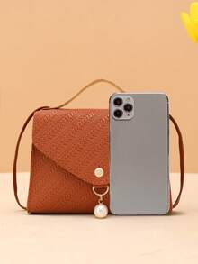 Solid Color Grass Texture Pearl Pendant Crossbody Handbag - Brown - View 4