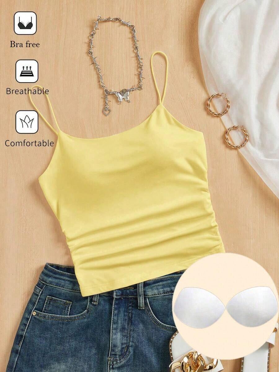 Camiseta ajustada con cuello redondo, almohadilla en el pecho y transpirable.Camisola básica para mujer sin sujetador - Amarillo - Ver 1