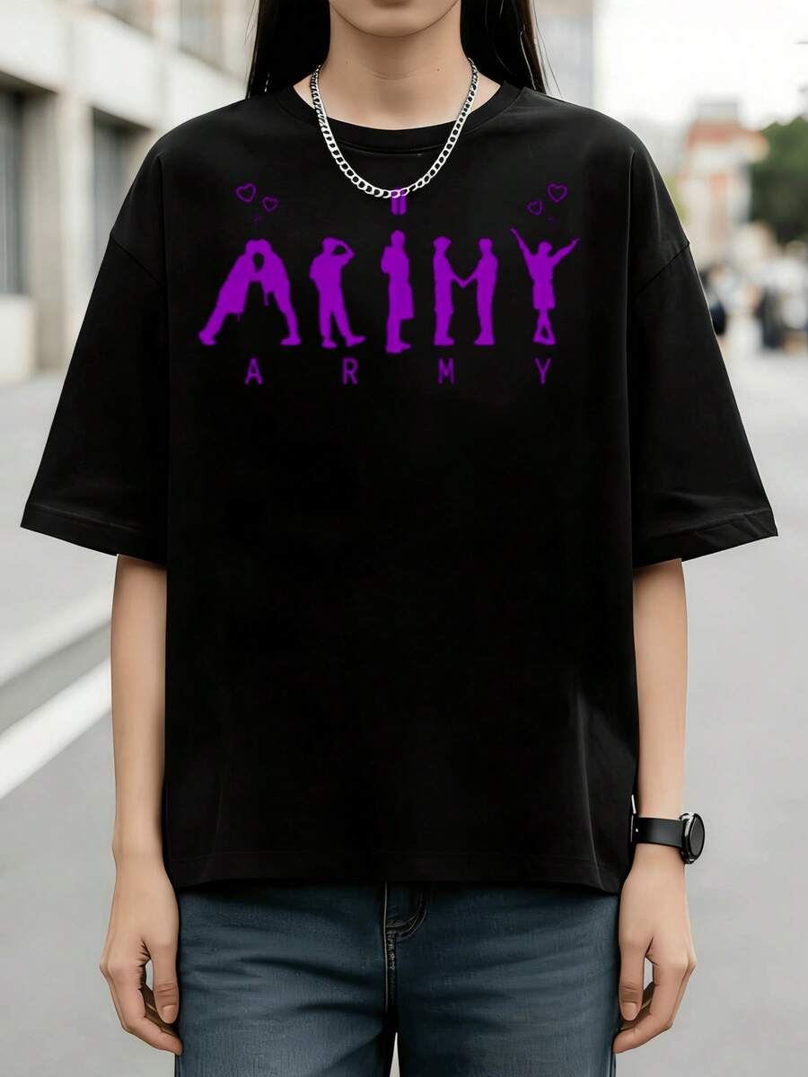 'ARMY' Letter Character Silhouette Graphic Summer Cotton Casual Short Sleeve T-Shirt - Black - View 1