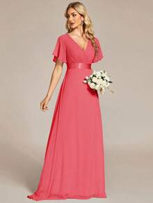 Vestido de dama de honor con cuello en V elegante, mangas con volantes y mariposa, color verde salvia, vestido de invitada de boda, vestido de primavera semi-formal para boda, fiesta de cumpleaños, graduación, Día de San Valentín - Rosado Sandía - Ver 1