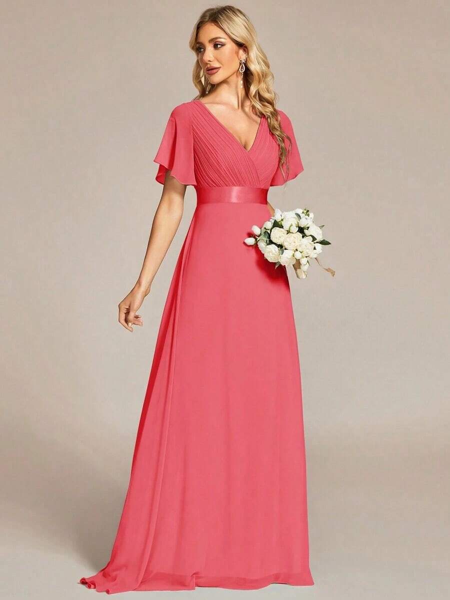Vestido de dama de honor con cuello en V elegante, mangas con volantes y mariposa, color verde salvia, vestido de invitada de boda, vestido de primavera semi-formal para boda, fiesta de cumpleaños, graduación, Día de San Valentín - Rosado Sandía - Ver 1