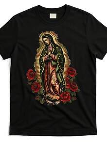 Our Lady Of Guadalupe Graphic T-Shirt For Women And Men - Religious Art With Vibrant Roses, Comfortable Cotton Crew Neck, Short Sleeve, Casual Streetwear, Machine Washable, One Size - 黑色 - 查看 6