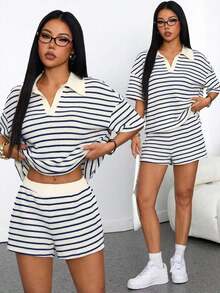 Conjunto de 2 piezas para mujer con camiseta de manga larga de hombros caídos y cuello en V holgada a rayas y pantalones elásticos a la cintura a rayas, conjunto de suéter de invierno, conjunto de salón a rayas de otoño/invierno de 2 piezas para mujer, conjunto casual de 2 piezas a rayas, conjunto cómodo de 2 piezas - Beis - Ver 1