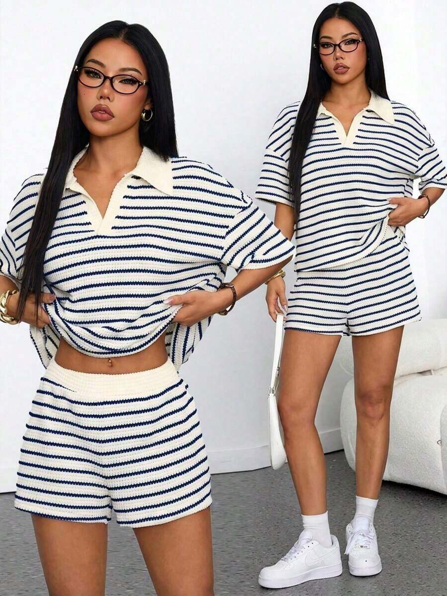 Conjunto de 2 piezas para mujer con camiseta de manga larga de hombros caídos y cuello en V holgada a rayas y pantalones elásticos a la cintura a rayas, conjunto de suéter de invierno, conjunto de salón a rayas de otoño/invierno de 2 piezas para mujer, conjunto casual de 2 piezas a rayas, conjunto cómodo de 2 piezas - Beis - Ver 1