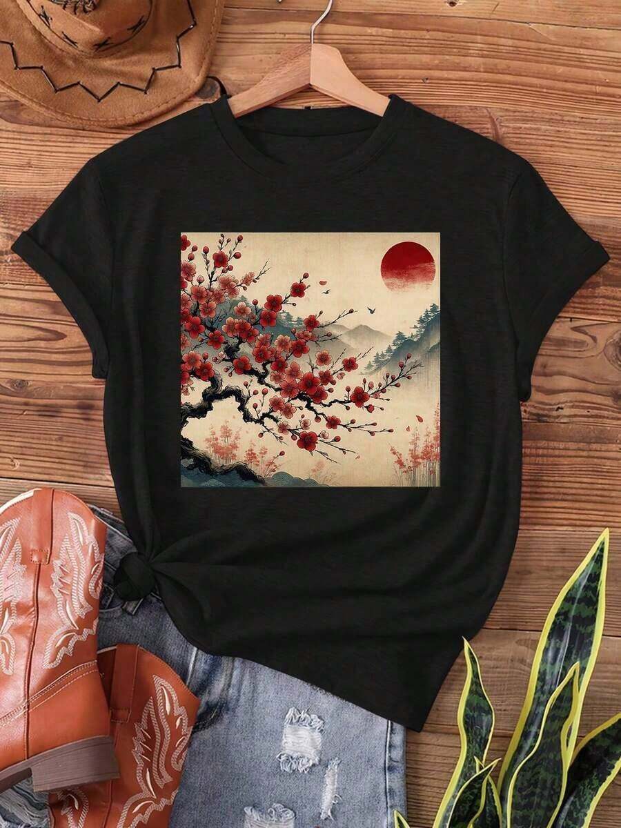 Vintage T-Shirt With Japanese Sketch Print For Women - Cherry Blossom And Red Sun Design, Casual Short Sleeve Semi-Sheer Round Neck Top, Machine Washable, Suitable For Spring And Summer, Breathable Fabric - 黑色 - 查看 1