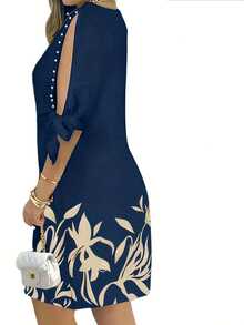Vestido de mujer con estampado floral, mangas con volantes y adornos de perlas falsas, adecuado para vacaciones, uso casual, diario y diversas reuniones elegantes de verano - Azul marino - Ver 2