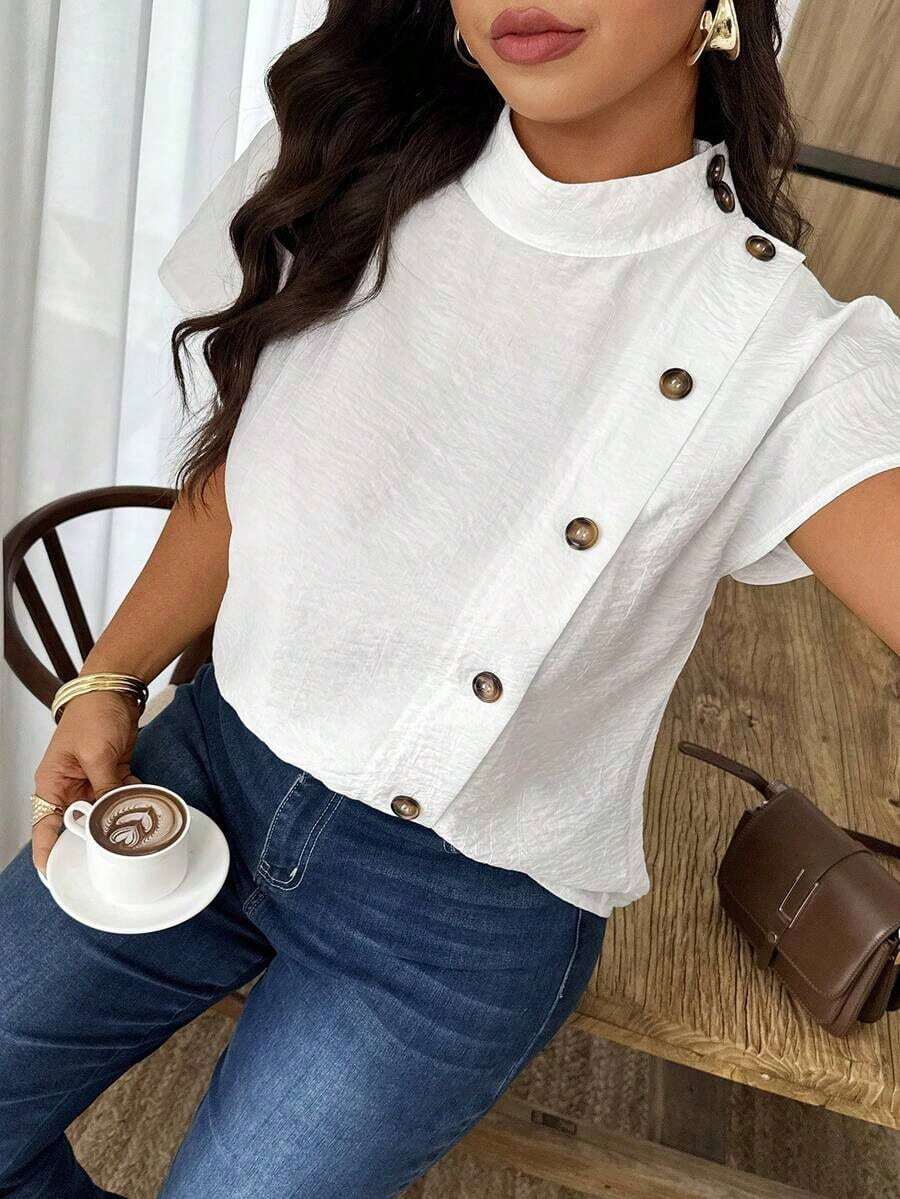 Weeklong Camisa suelta con botones y bordado de ojetes asimétrico, atuendo casual para diario/vacaciones, ropa de oficina - Blanco - Ver 1