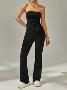 Conjunto de 2 piezas: Top bandeau fruncido con bajo asimétrico y pantalones acampanados - Negro - Ver 4