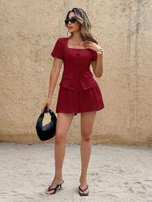 Frenchy Conjunto de 2 piezas de verano para mujer, de unicolor, con cuello cuadrado y manga corta, de estilo minimalista - Rojo - Ver 8