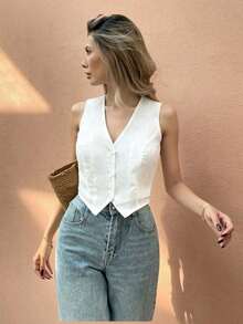 Frenchy Camisa casual de vacaciones para mujer sin mangas con bordado y botones delanteros - Blanco - Ver 9