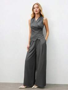 Nuevo conjunto de chaleco plisado en la cintura y pantalones de pierna ancha para mujer, primavera/verano.Elegante atuendo urbano para ir al trabajo. - Gris - Ver 5