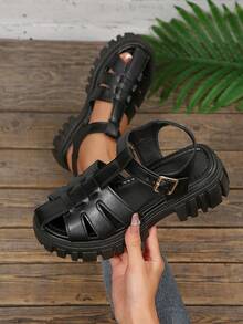 Black Open Toe Thick Platform Sandals Women Anti-Slip Rubber Sole Soft Insole Comfortable Casual Outdoor Beach Travel Vacation Summer Shoes - Black - View 2
