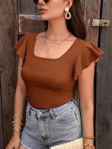 Privé Camiseta de manga corta y cuello redondo de unicolor casual de verano, top de otoño - Marrón - Ver 3