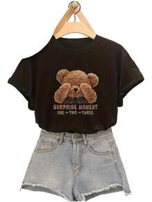 Camiseta negra informal de manga corta con cuello redondo para hombre,Camisetas Para Mujer Camiseta única Y2K con diseño de oso tierno cubriéndose los ojos, ideal para amantes de la moda alternativa en México, perfectas para cualquier ocasión y para expresar tu estilo. Sorprende con esta pieza que destaca tu originalidad y amor por los detalles. - Negro - Ver 1