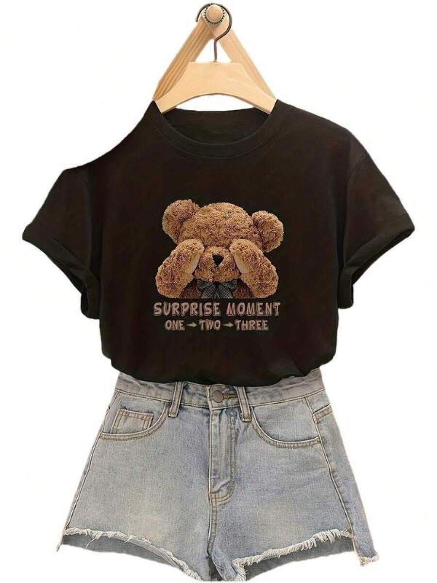 Camiseta negra informal de manga corta con cuello redondo para hombre,Camisetas Para Mujer Camiseta única Y2K con diseño de oso tierno cubriéndose los ojos, ideal para amantes de la moda alternativa en México, perfectas para cualquier ocasión y para expresar tu estilo. Sorprende con esta pieza que destaca tu originalidad y amor por los detalles. - Negro - Ver 1