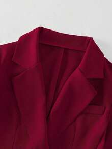 Conjunto de blazer y pantalón de bolsillo de unicolor azul con botones dorados y cuello entallado elegante para mujer, versátil para otoño/invierno - Rojo - Ver 4