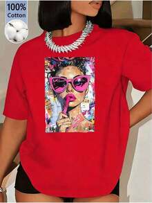 [Free National Shipping] Women's Summer T-Shirt With Graffiti Style Female Figure Print, Loose Fit, Casual, Short Sleeve, For Daily Outings, Home Or Gift, Cotton Women's T-Shirts - 風格 - 查看 11