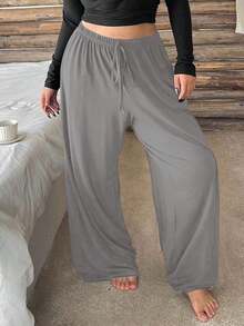 Plus Pantalones de pijama de pierna recta con cintura elástica y cordón para mujer de talla grande, pantalones de estar por casa de unicolor, para otoño e invierno - Gris - Ver 3
