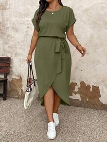 Vestido casual de talla grande para mujer con cuello redondo, manga corta tipo murciélago y bajo asimétrico.Vestido largo de verano para mujer - Verde militar - Ver 5