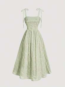 MOD Vestido midi con volantes y decoración de rosa roja con lazo - Romántico y soñador, para fiesta de té en el jardín, cita, fiesta, vestido de verano y primavera para mujer, ropa de playa, vacaciones de primavera, picnic, festival, atuendo de cumpleaños - Verde - Ver 4
