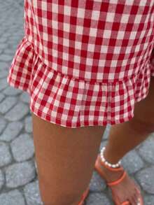 Women's Plaid Ruffled Summer Shorts - Elastic Waist With Pockets - Red - View 4
