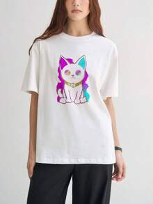 Camiseta de estilo casual para hombre con estampado de gato de colores vibrantes y diseño moderno ideal para uso diario en primavera y verano perfecta como regalo para amantes de los animales y moda urbana - Blanco - Ver 1