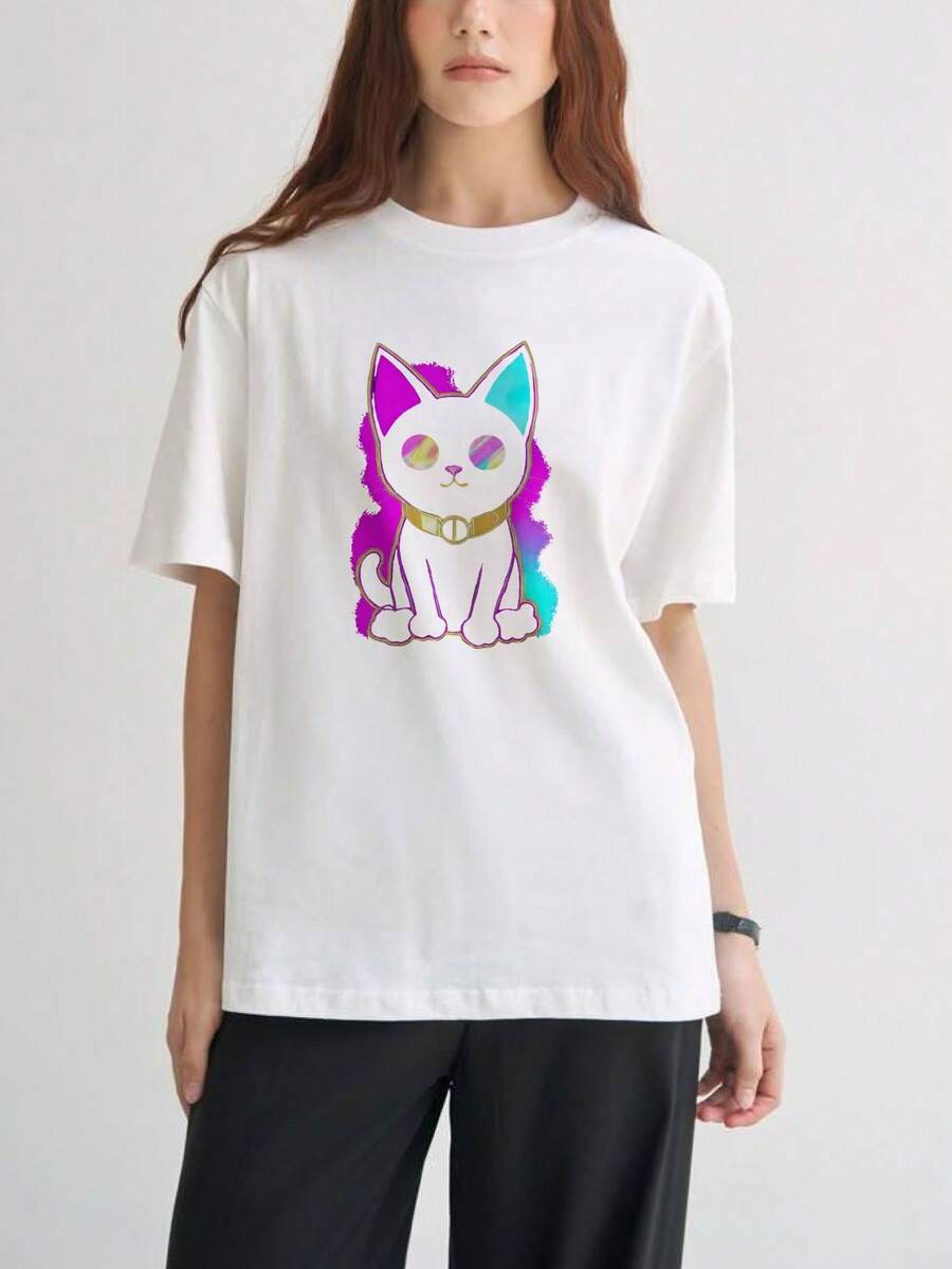 Camiseta de estilo casual para hombre con estampado de gato de colores vibrantes y diseño moderno ideal para uso diario en primavera y verano perfecta como regalo para amantes de los animales y moda urbana - Blanco - Ver 1