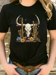 Women's Graphic T-Shirt, Short Sleeve, Round Neck, Casual, Comfortable, Cool, Lightweight, Modern, Youthful, Regular Fit, Western Print, Cowboy, Cowgirl, Cactus, Desert, Horns, Flowers. - 黑色 - 查看 5
