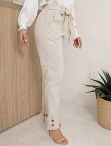 Women's Skinny Linen High-Waisted Trousers With Slash Pockets And Front Tie – Elegant Formal Style, Modern Tailoring, Chic Fitted Cut For Work, Events, And Sophisticated Casual Fashion Looks - 米色 - 查看 5