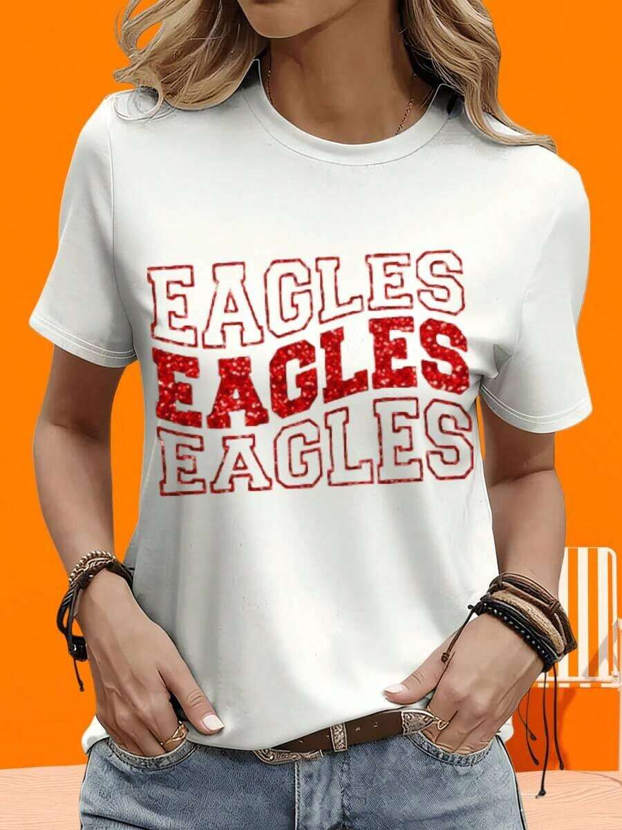 Camiseta de manga corta GraphicLadies para ocio al aire libre y en casa, 220g, camiseta con estampado de águilas del equipo de fútbol americano, camiseta casual para mujer, camiseta con estampado blanco y rojo, top de moda, camiseta para ocio, al aire libre, vacaciones, fiestas, regalo. - Blanco - Ver 1