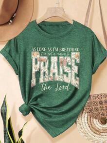 Women's Graphic T-Shirt With "I Sought The Lord And He Heard Me And Answered Me" Print, Bible Verse Print, Summer Tops, Casual Vacation Outfits, Christian Aesthetic Cotton T-Shirts, Summer Clothing. - 綠色 1 - 查看 2
