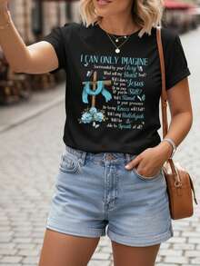 Women's Christian Inspirational T-Shirt - Printed With The Phrase 'I Can Only Imagine', Casual Short-Sleeved Top With Round Neck, Featuring A Blue Cross And Flower Design, Machine-Washable Spring/Summer Fashion T-Shirt, Inspirational T-Shirt, Loose Fit Garment, Soft Fabric. - 黑色 - 查看 9