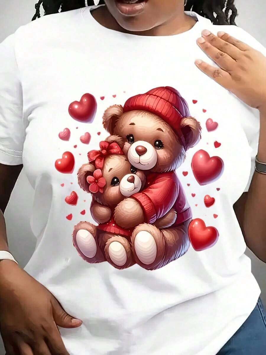 Camiseta con Estampado Gráfico de Oso de Peluche y Corazones - Cuello Redondo, Corte Holgado y Suave, Color Rojo Vibrante con Diseño de Oso de Peluche y Corazones, Comodidad para Todas las Temporadas, Lavable a Máquina, Camiseta Casual para Vestimenta Informal - Estilo Urbano Vintage, Unisex, de Algodón, Manga Corta, Cuello Redondo, Camisetas para mujer. blusas.blusas casuales para dama.Impresión de osos cariñosos.Camiseta estampada Impresión de osos cariñosos. - Blanco - Ver 1