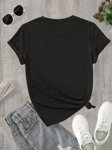 Women's Lightweight Casual T-Shirt - Simple Cursive Print "C'est La Vie", Black Text On White Background, Short Sleeves, Round Neck, Machine Washable, Suitable For Spring And Summer, Women's T-Shirt, Loose Fit, Non-See-Through Fabric, Everyday Casual Wear. - 黑色 - 查看 5