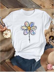 1 Unique T-Shirt With Windmill Print | Casual Round Neck, Short Sleeves, Women's Clothing, Geometric Pattern, Suitable For All Seasons, 180g 100% Cotton. - 白色 - 查看 6