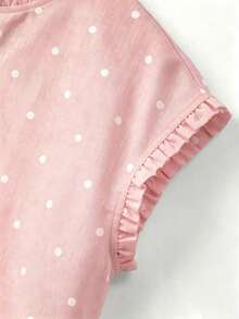 Blusa de mujer con cuello redondo, sin mangas, con volantes y estampado de lunares vintage francés, versátil para ir al trabajo, tomar el té por la tarde, uso diario, holgada y casual - Rosa - Ver 3