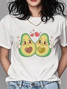 Camiseta Divertida de Pareja de Aguacates con Corazones y Símbolos de Paz para Mujer, Camiseta con Gráficos de Frutas para el Día de San Valentín y Uso Diario - Blanco - Ver 1