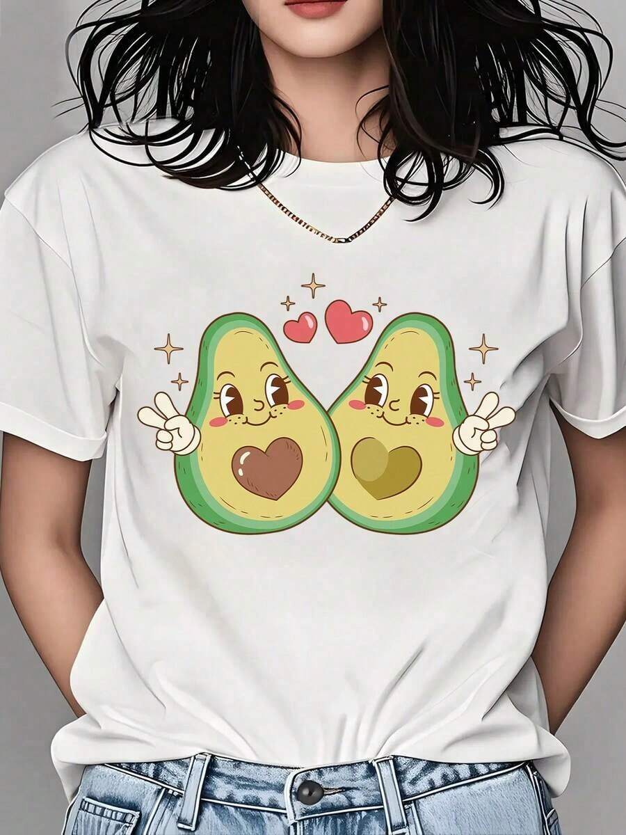 Camiseta Divertida de Pareja de Aguacates con Corazones y Símbolos de Paz para Mujer, Camiseta con Gráficos de Frutas para el Día de San Valentín y Uso Diario - Blanco - Ver 1