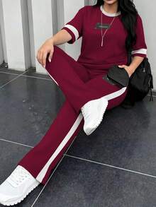 女款新款圓領短袖T恤與鬆緊腰寬鬆長褲兩件套，休閒日常穿著，春夏秋優雅風 - 酒紅64+白 - 查看 8