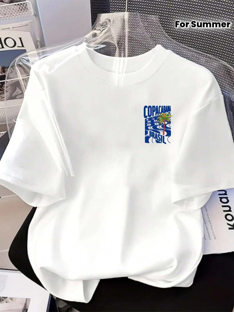 T-Shirt mit Copacabana-Print, Brasilien, Kurzarm, Rundhalsausschnitt, lässiges Oberteil für Sommer und Frühling, Damenbekleidung, Festival - Weiss - Übersicht 1